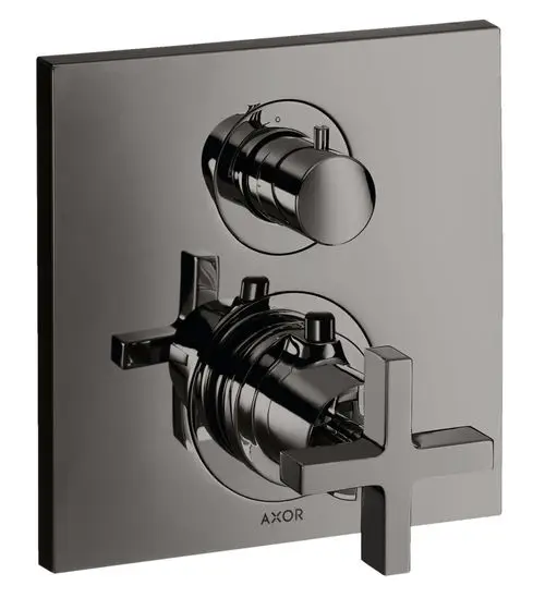 Thermostat-Unterputz mit Ab- und Umstellventil in Polished Black Chrome von AXOR. Enthält zwei Bedienelemente und eine Kreuzgriffsteuerung.